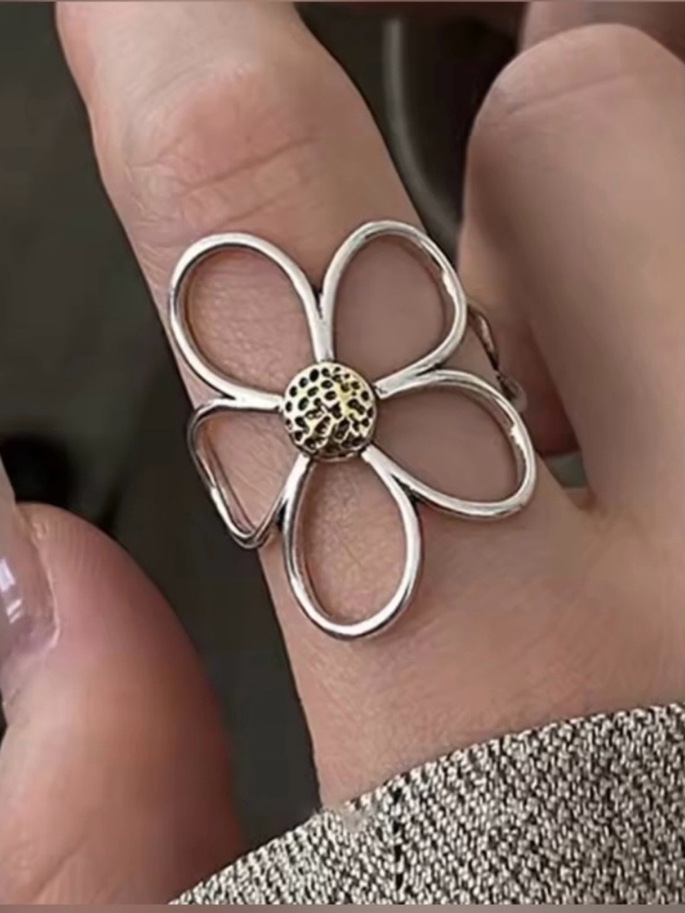 Two-Tone Open Flower Ring in Silver and Gold